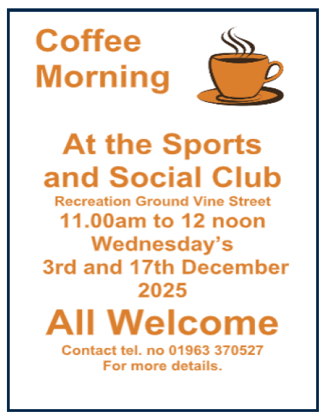 poster coffee morning at sports and social club recreation ground templecombe 11.00 to 12 noon wednesdays 3rd and 17 December all wellcome